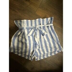Women's Linen Lux Blue White Stripe Cotton High Waist Tie Shorts Career Casual M